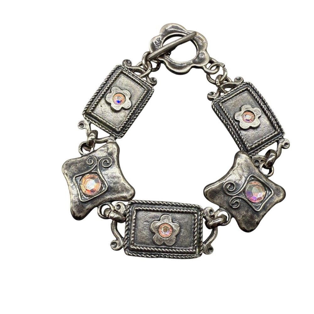 Vintage AVGAD Bracelet Hammered Iridescent Crystal Floral Rectangular Panels Ban